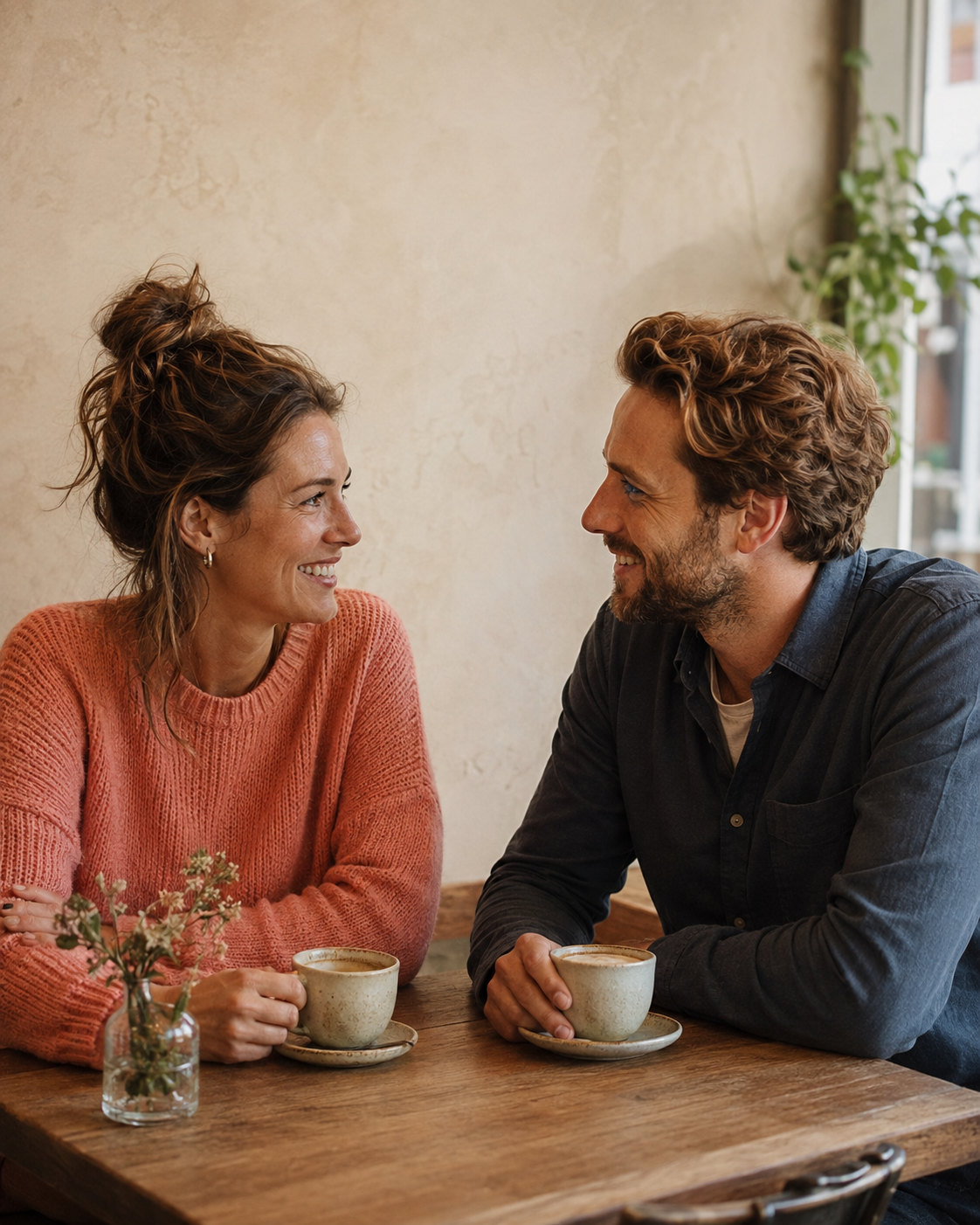 Zwei Erwachsene lachen bei einem gemeinsamen Kaffee und schauen sich in die Augen.